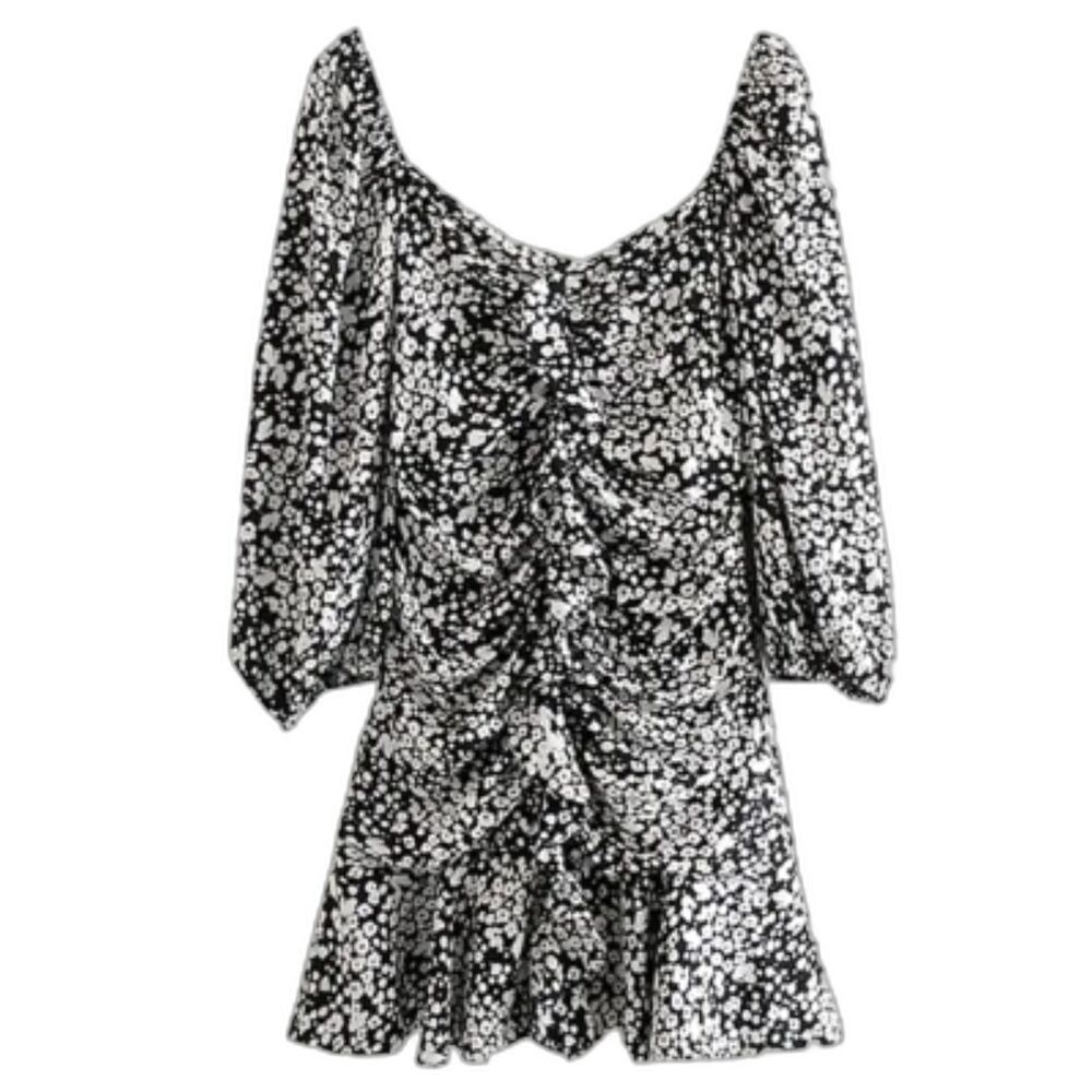 Zara Ruffle Viscose Ruched Mini Puff Sleeves Fit Flare Retro 70's Floral Dress